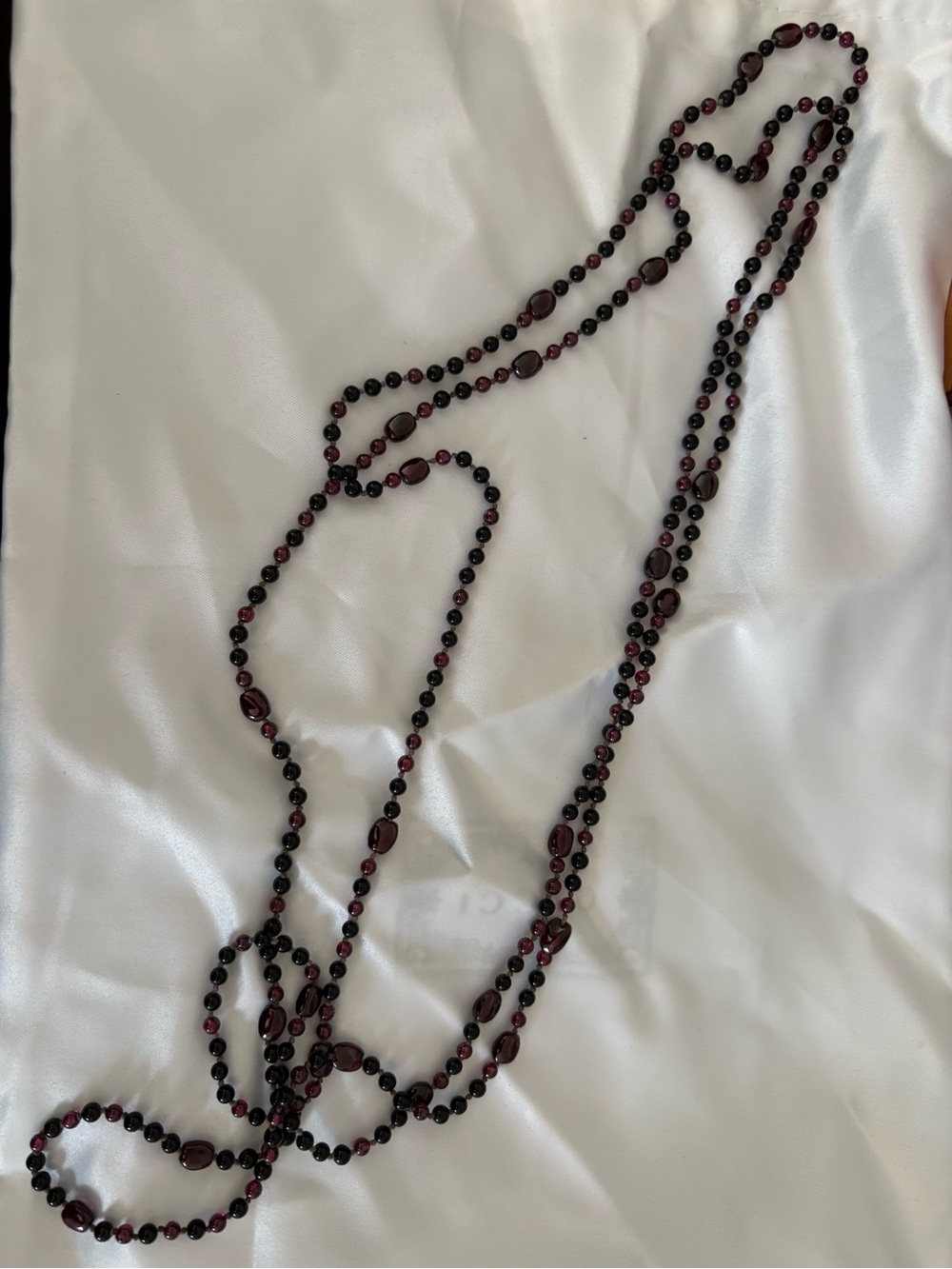 Garnet and Black Onyx knotted beaded necklace 66 inches